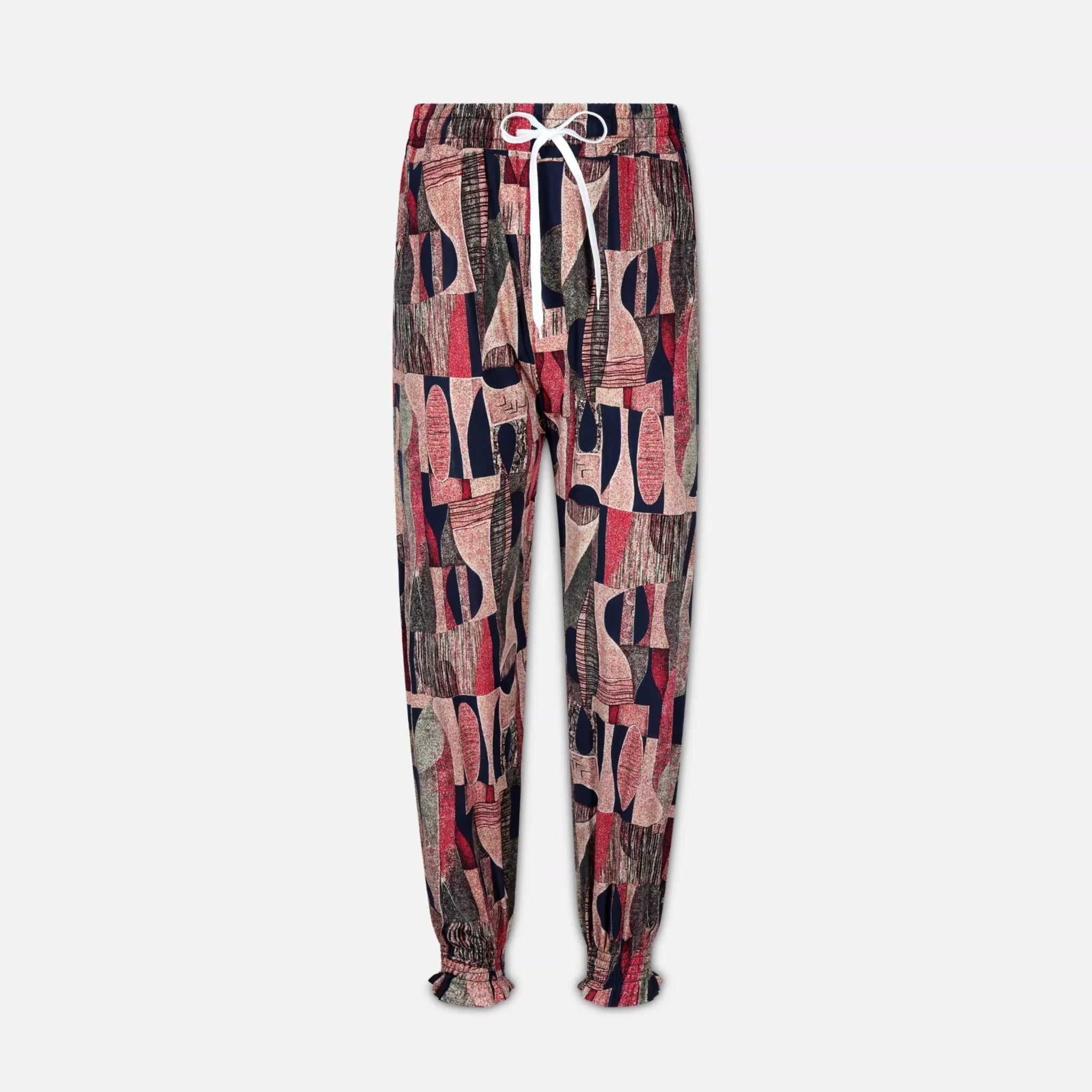 Ladies JDN branded palazzo trousers in black and red with abstract print and white drawstring waistband